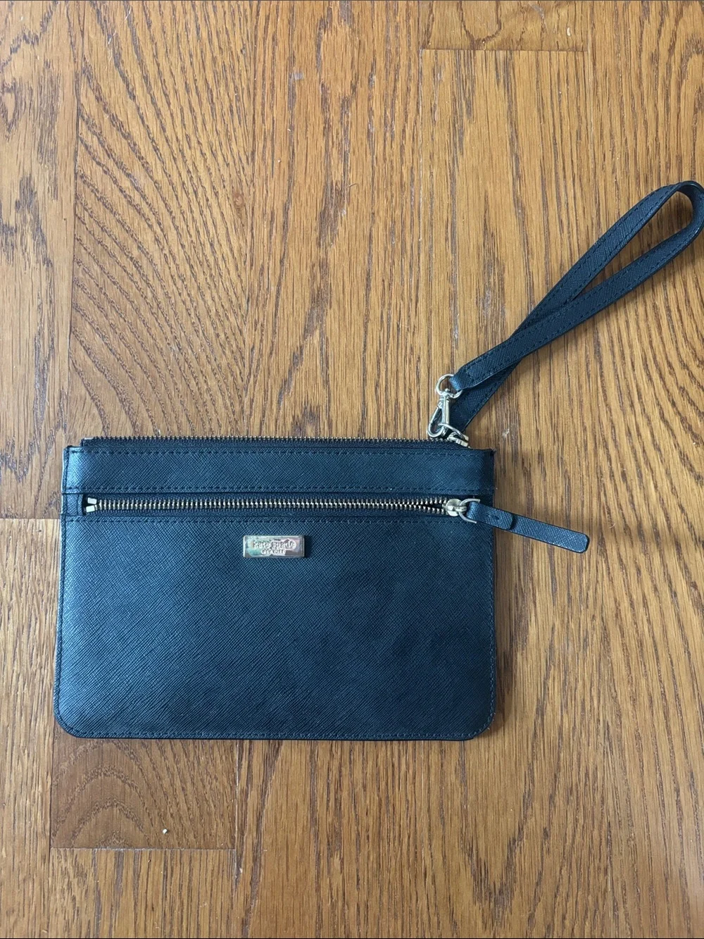 kate spade Black Saffiano Leather Wristlet Clutch with Gold Hardware